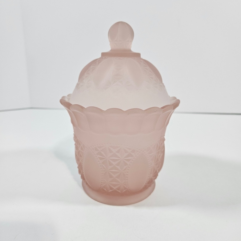 Vintage Pink Satin Frosted Imperial Glass Lidded Candy Dish Queen Crown Scallop